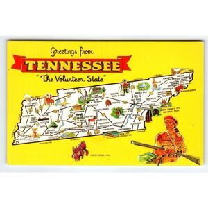 Postcard Greetings From Tennessee The Volunteer State Map Postcard Dexter Chrome